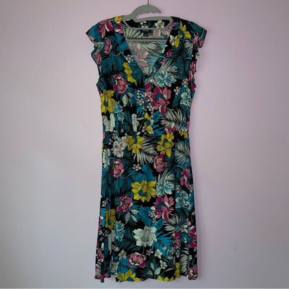 Ana Size 8 Midi Dress Black w Colorful Tropical Floral Print Ruffle Casual - Picture 1 of 9